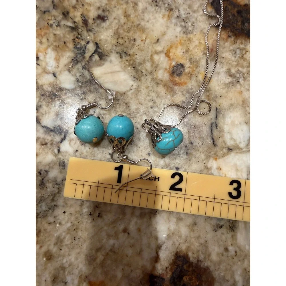 Sterling Silver 925 Italy Turquoise Bead Filigree Necklace & Earring Set 18in